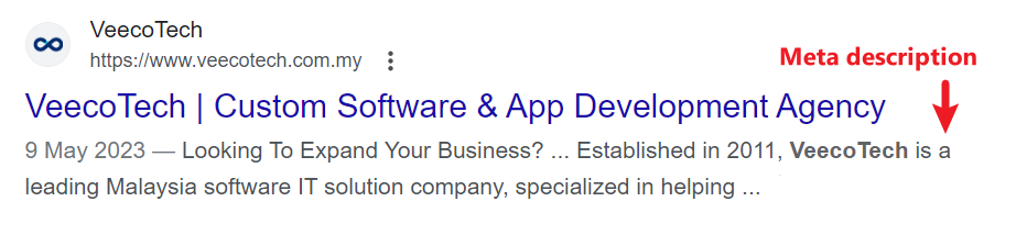 A screenshot of meta description