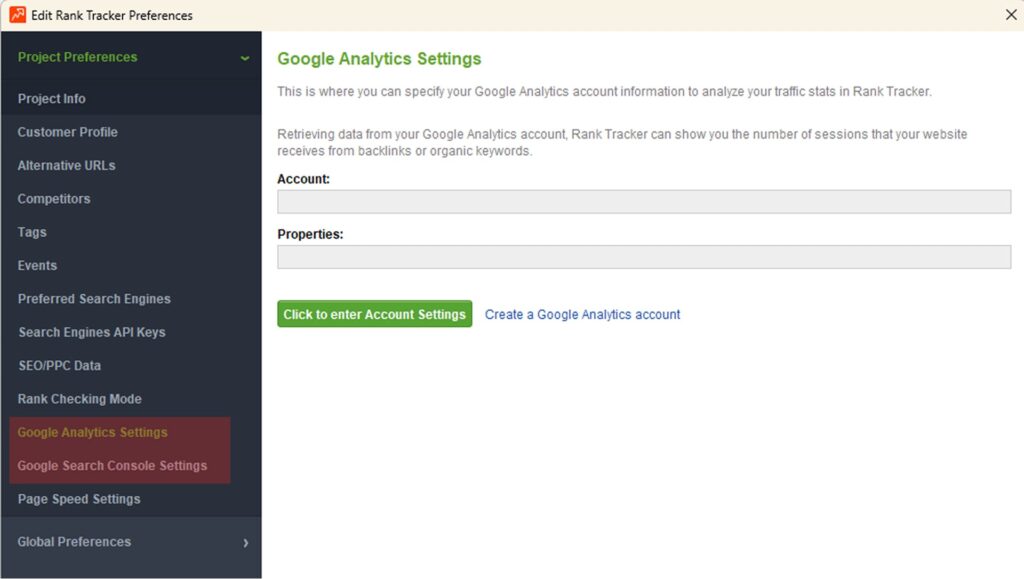 A screenshot of connecting GSC or GA4 to Rank Tracker