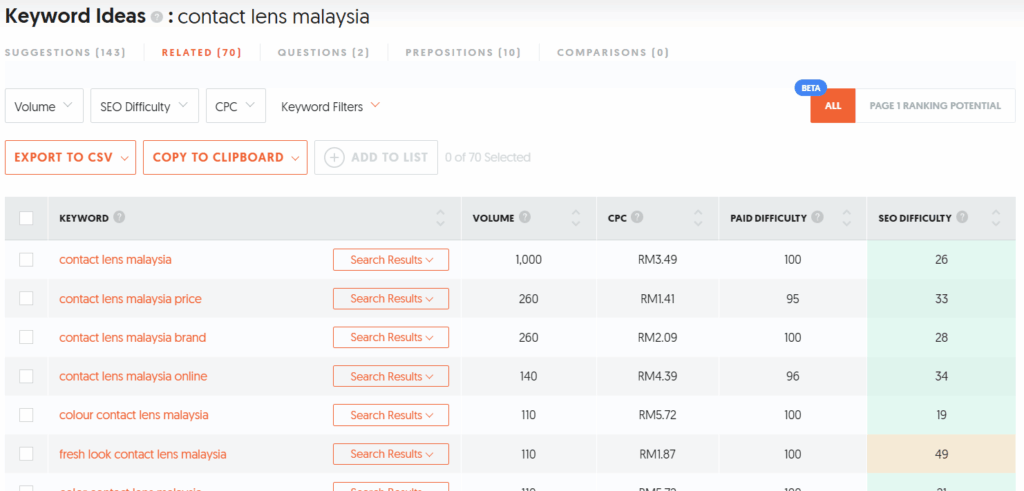 A screenshot of keyword suggestion of "contact lens malaysia"