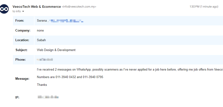 Scam received by VeecoTech