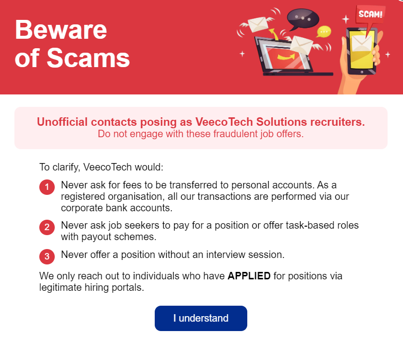 Beware of Scams pop up