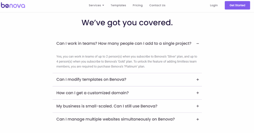 A screenshot of FAQ section from Benova website
