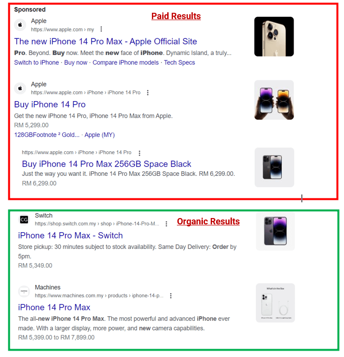 Paid and organic search results in Google