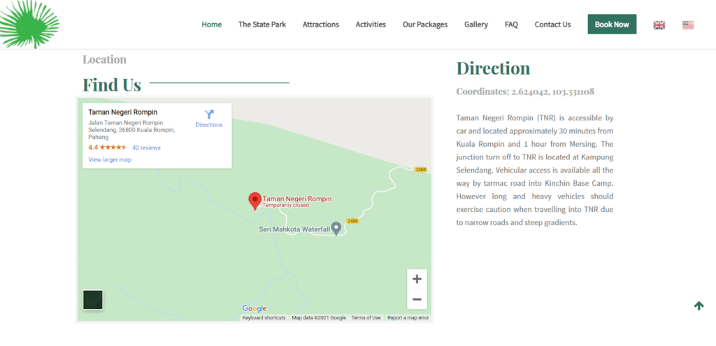 A screenshot of Google Map embeded in the Rompin Park website