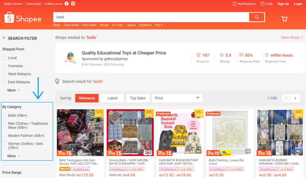 A screenshot of Batik product results in Shopee
