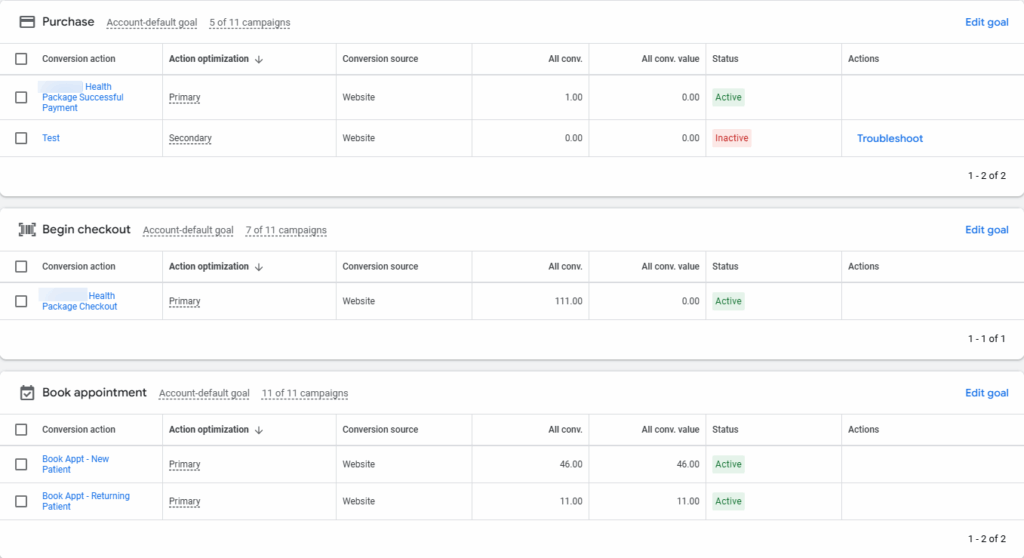 A screenshot of conversion goal setup in Google ads