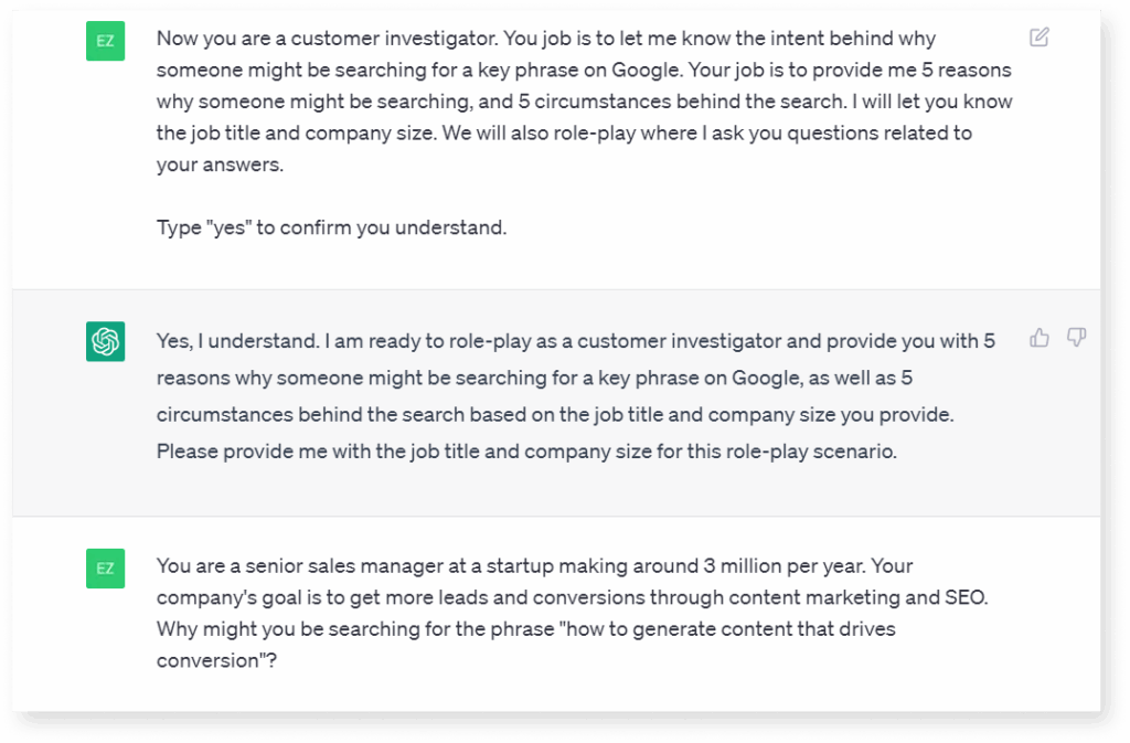 A screenshot of ChatGpt prompt and replies