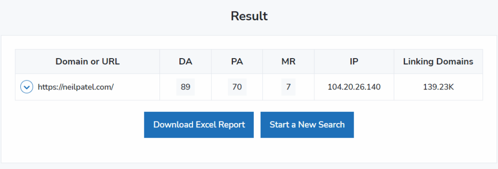 Screenshot of Moz DA result