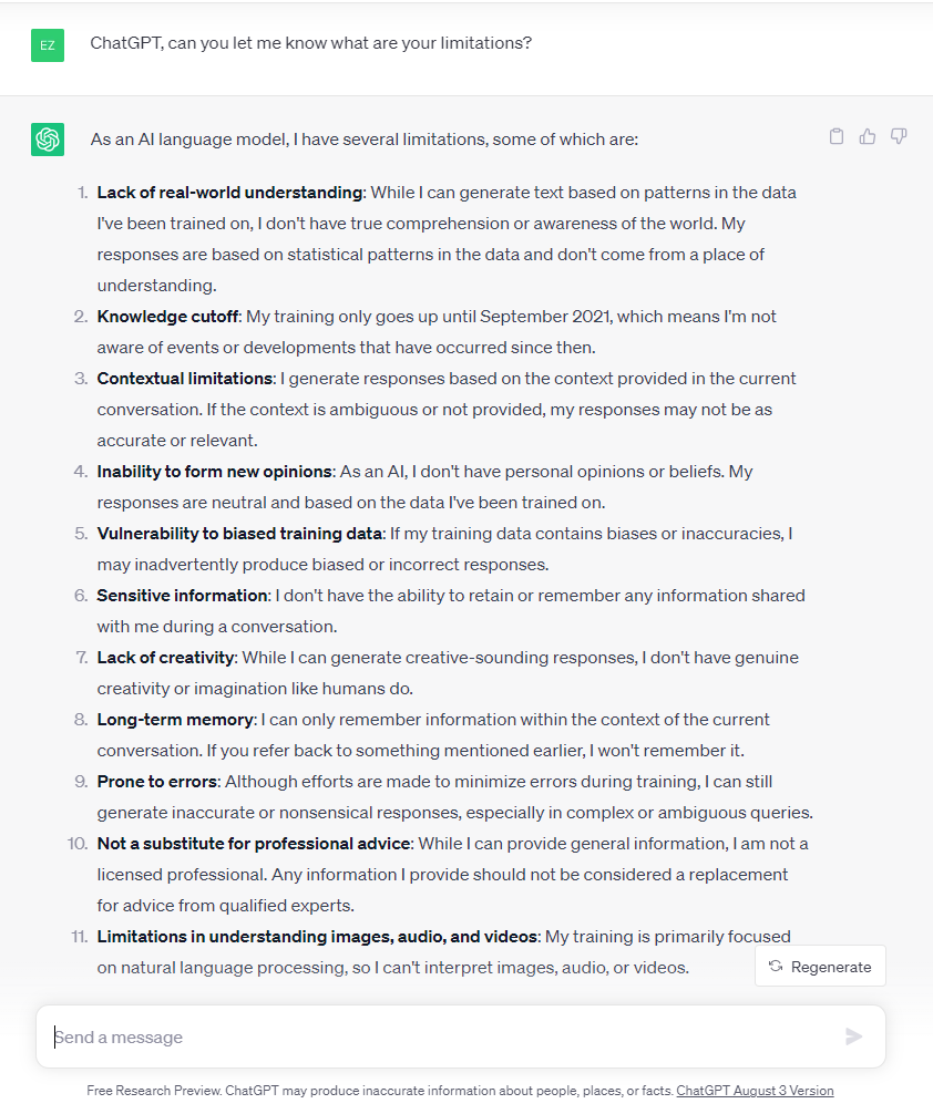 A screenshot of Chatgpt recognize its limitation