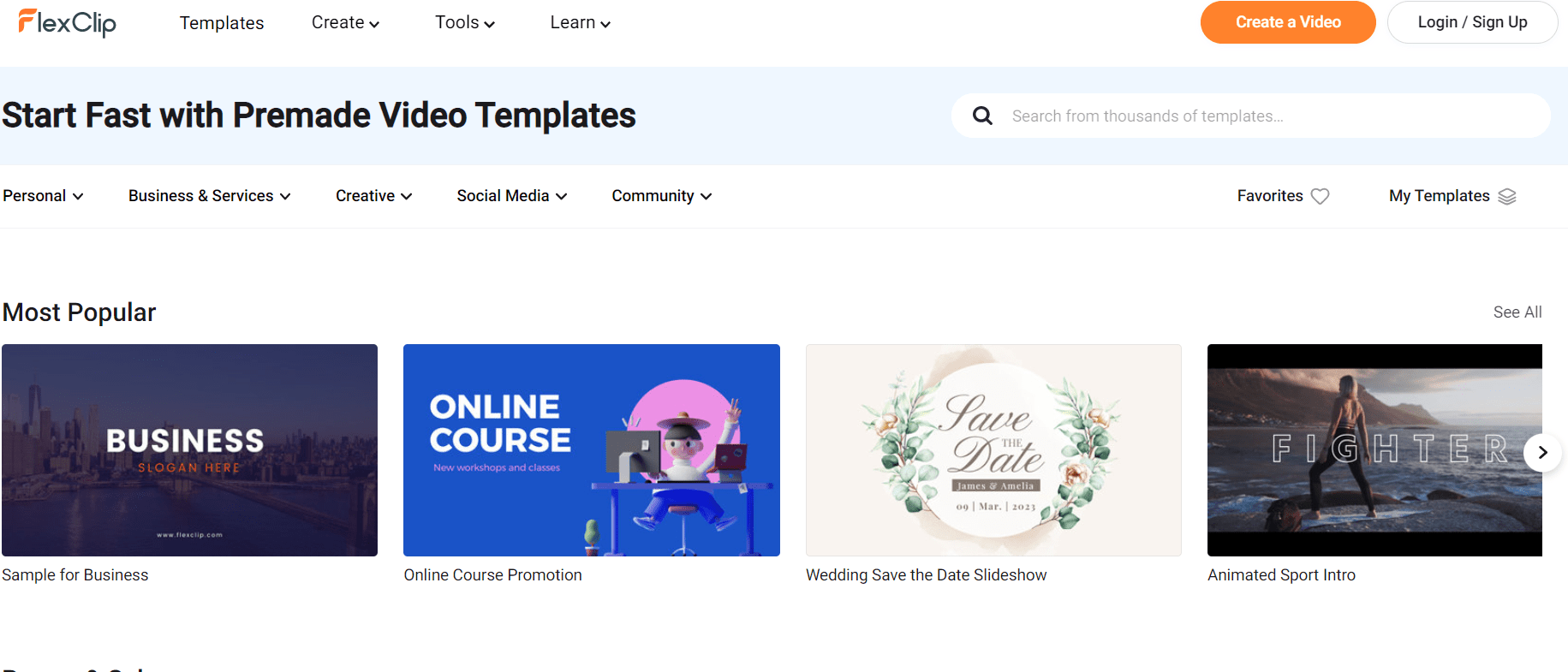 A screenshot of FlexClip main page