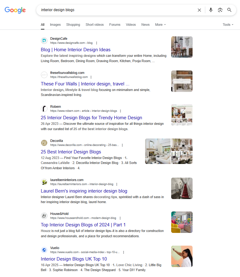SERPs of queries "interior design blog"