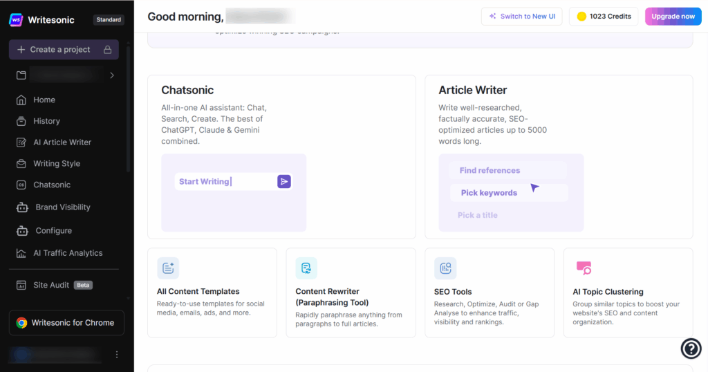 A screenshot of Writesonic main page