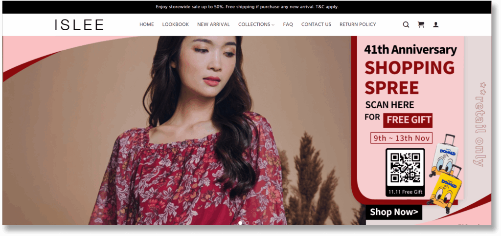 A screenshot of Islee free shipping