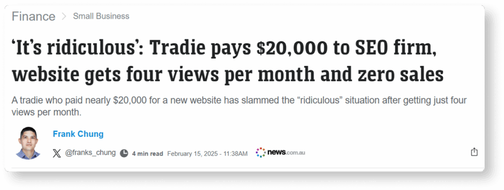 Screenshot of a news headline that showcase the mistrust towards SEO agencies due to underperform