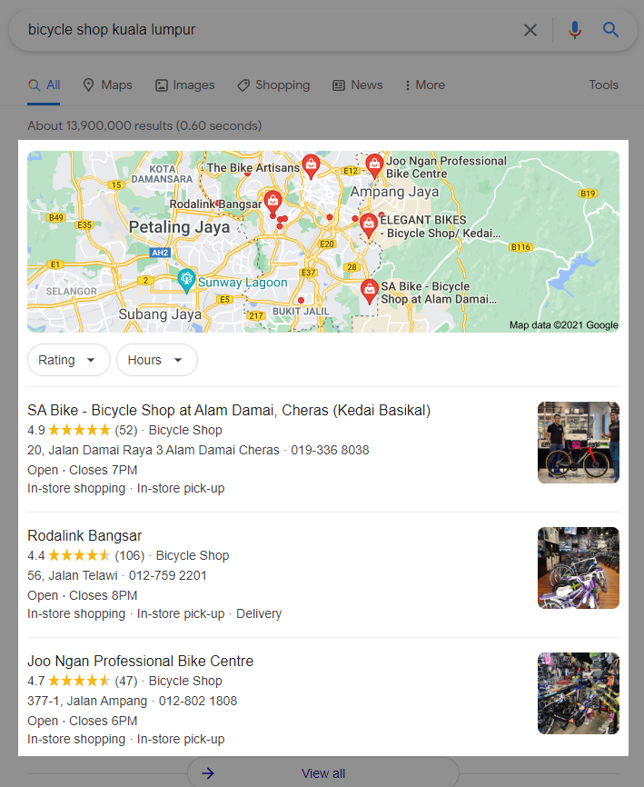 A screenshot of Google Local Map Pack of bicycle shop in Kuala Lumpur