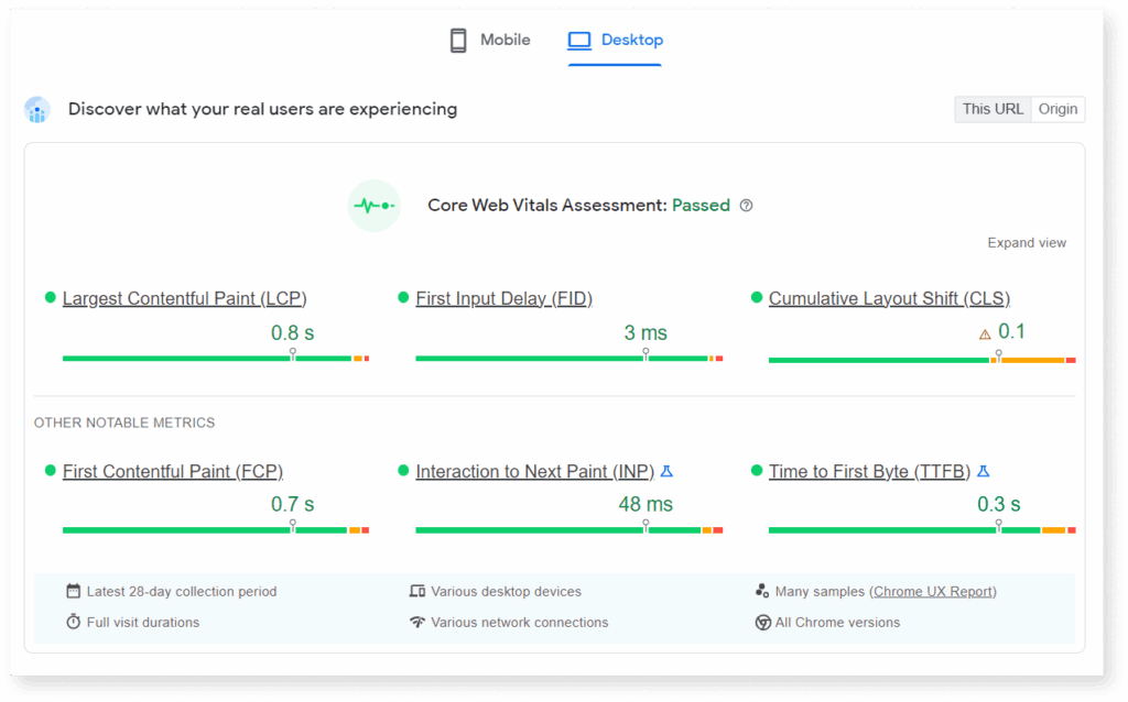 A screenshot of core web vitals