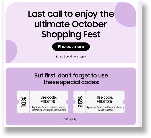A screenshot of Samsung discunt coupon code