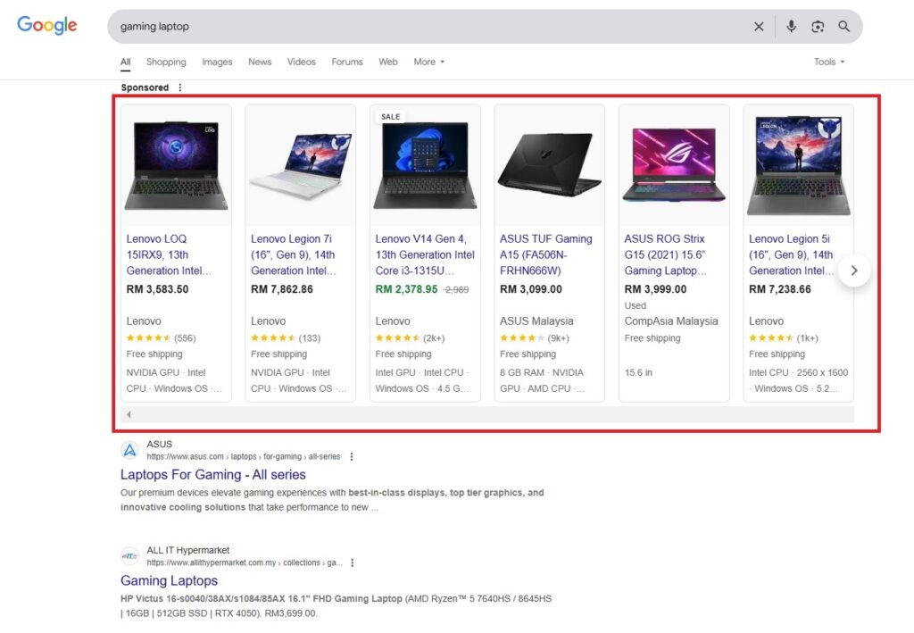 A screenshot of Google shopping ads for gaming laptop in SERPs