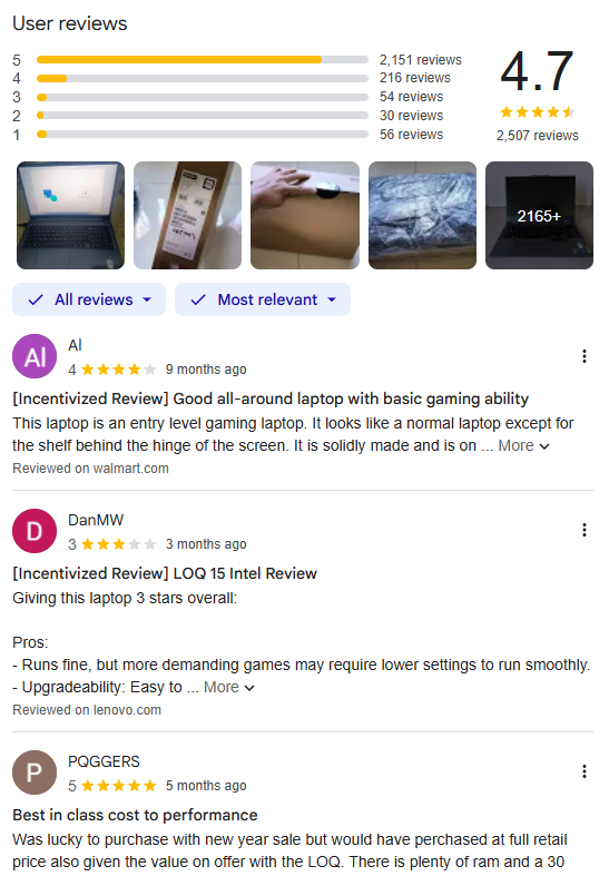 A screenshot of customer reviews in details towards laptop
