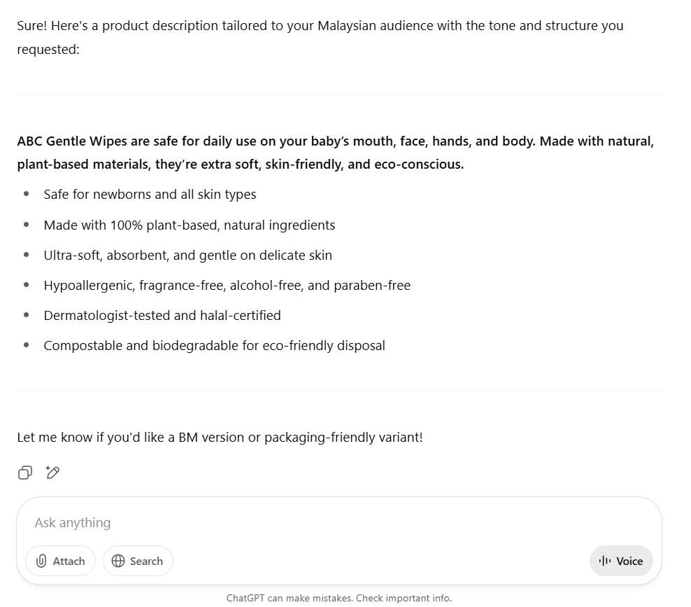 A screenshot of generated product description using Chatgpt