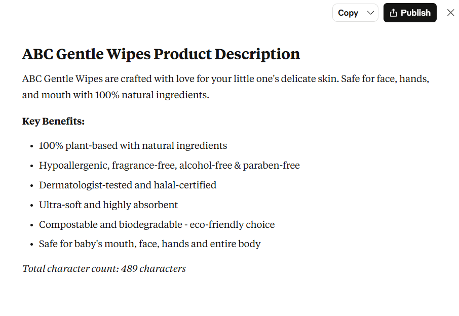 A screenshot of generated product description using Claude