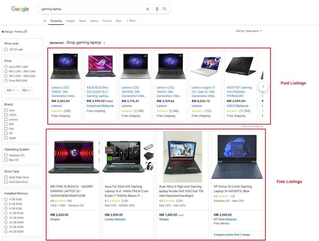 A screenshot of paid and free listings of gaming laptop products in SERPs