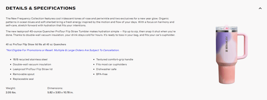 A sample of stanley cup product description