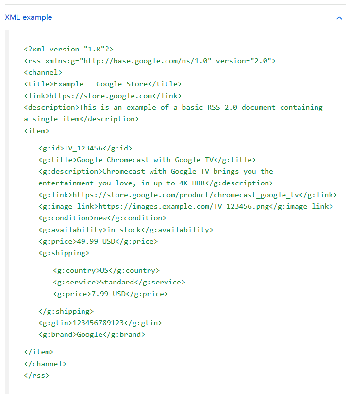 A screenshot of XML file format of product listing in Google Merchant Center